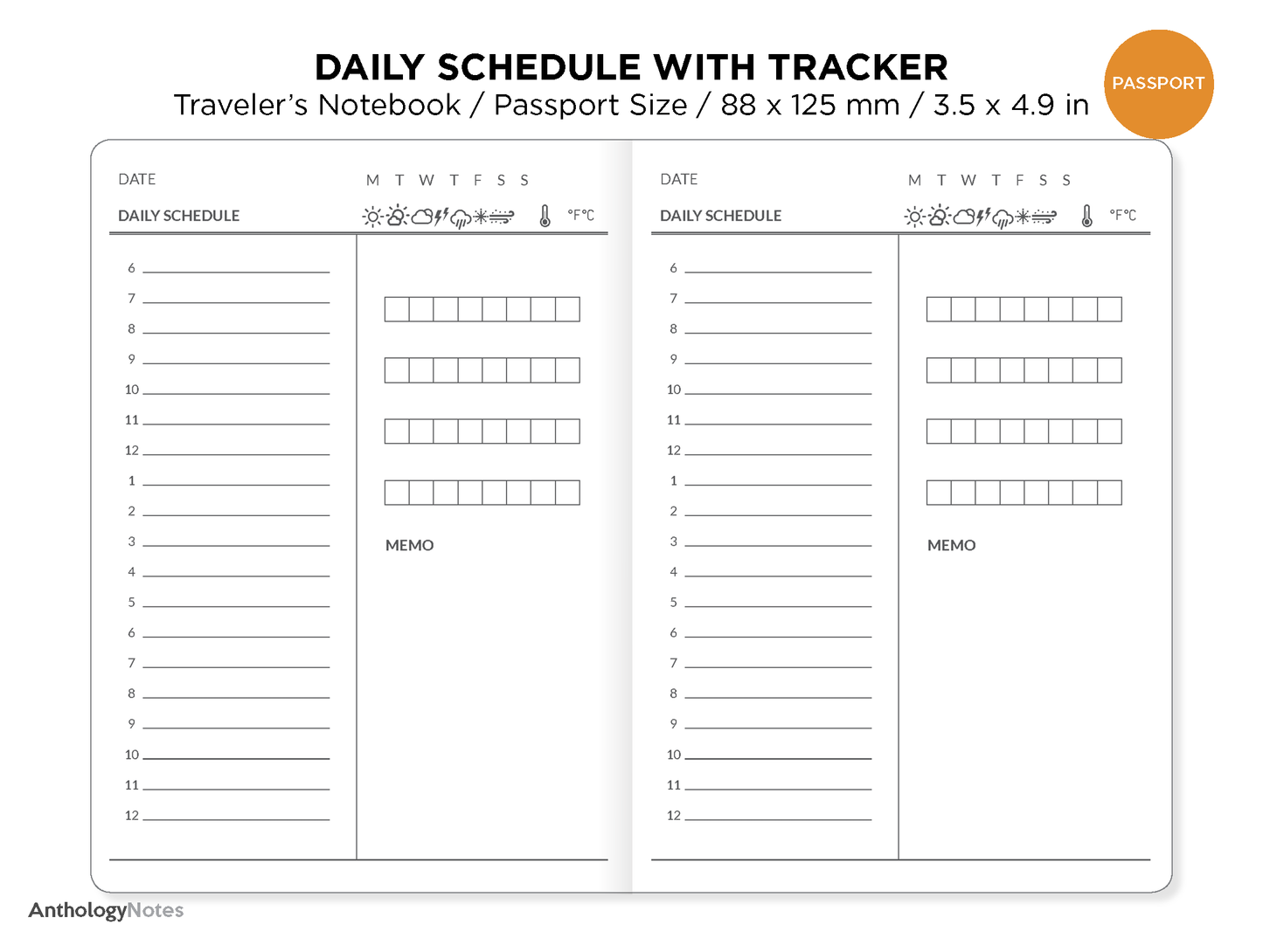 Passport TN DAILY SCHEDULE with habit tracker Printable Insert Traveler's Notebook PP021D