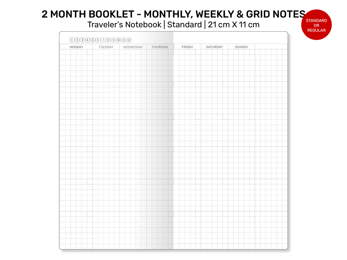 Standard TN 2-MONTH Booklet - Monthly, Weekly, Index, Grid Notes Printable Traveler's Notebook Insert Refill Grid - RTN043V2