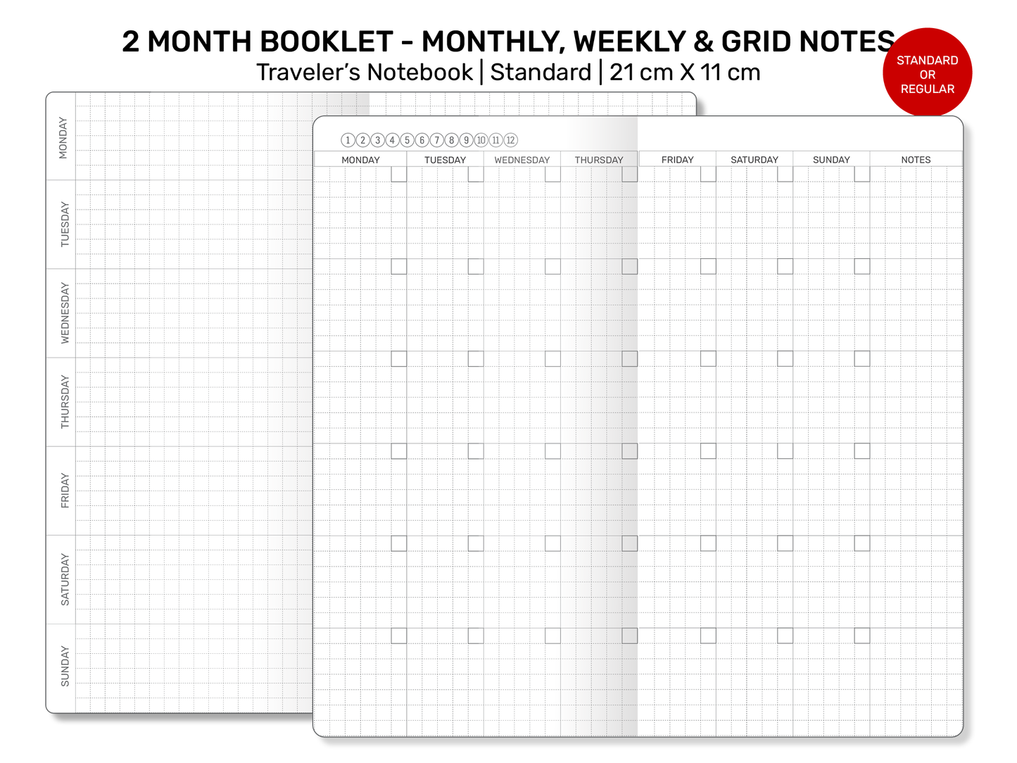 Standard TN 2-MONTH Booklet - Monthly, Weekly, Index, Grid Notes Printable Traveler's Notebook Insert Refill Grid - RTN043V2