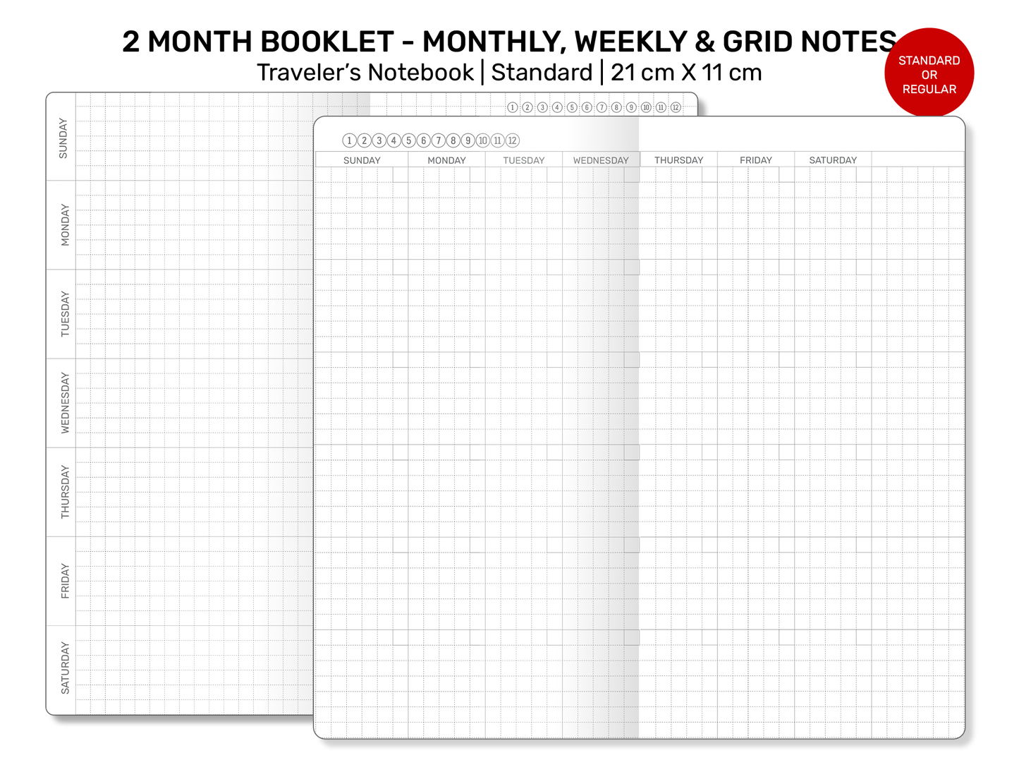 Standard TN 2-MONTH Booklet - Monthly, Weekly, Index, Grid Notes Printable Traveler's Notebook Insert Refill Grid - RTN043V2