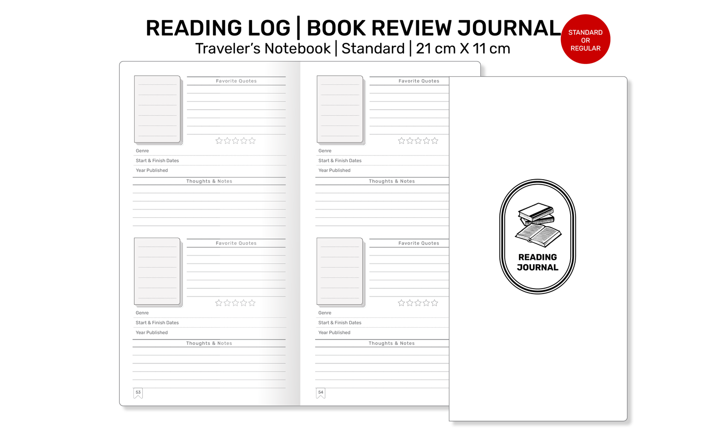 TN Standard READING Journal  Book Review Printable Refill Insert for Traveler's Notebook | RTN22-073