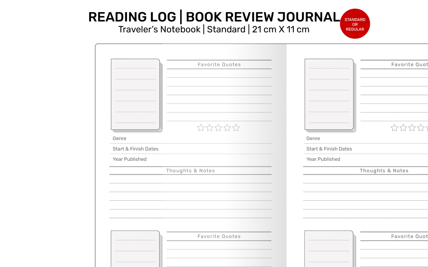 TN Standard READING Journal  Book Review Printable Refill Insert for Traveler's Notebook | RTN22-073