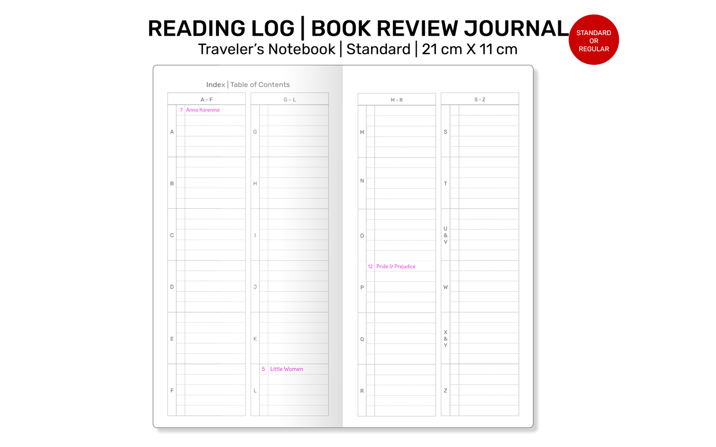 TN Standard READING Journal  Book Review Printable Refill Insert for Traveler's Notebook | RTN22-073