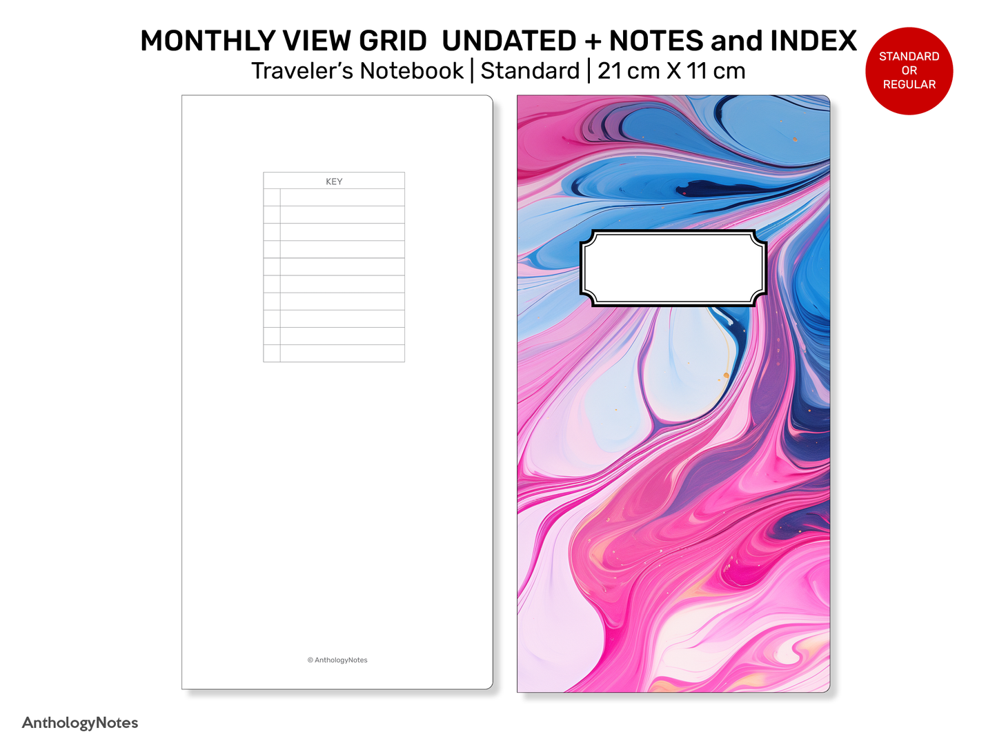 Standard TN Monthly GRID with EXTRA pages for Notes, Index Page Printable Traveler's Notebook Insert Minimalist RTN22-020