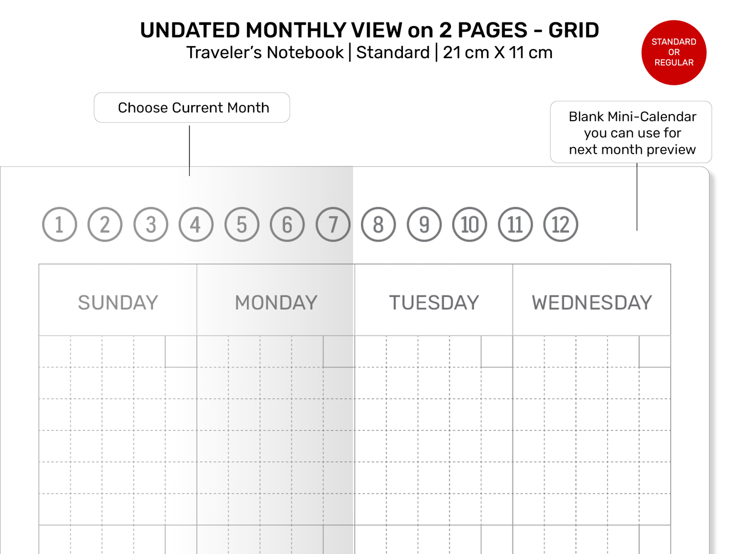 Standard TN Monthly GRID with EXTRA pages for Notes, Index Page Printable Traveler's Notebook Insert Minimalist RTN22-020