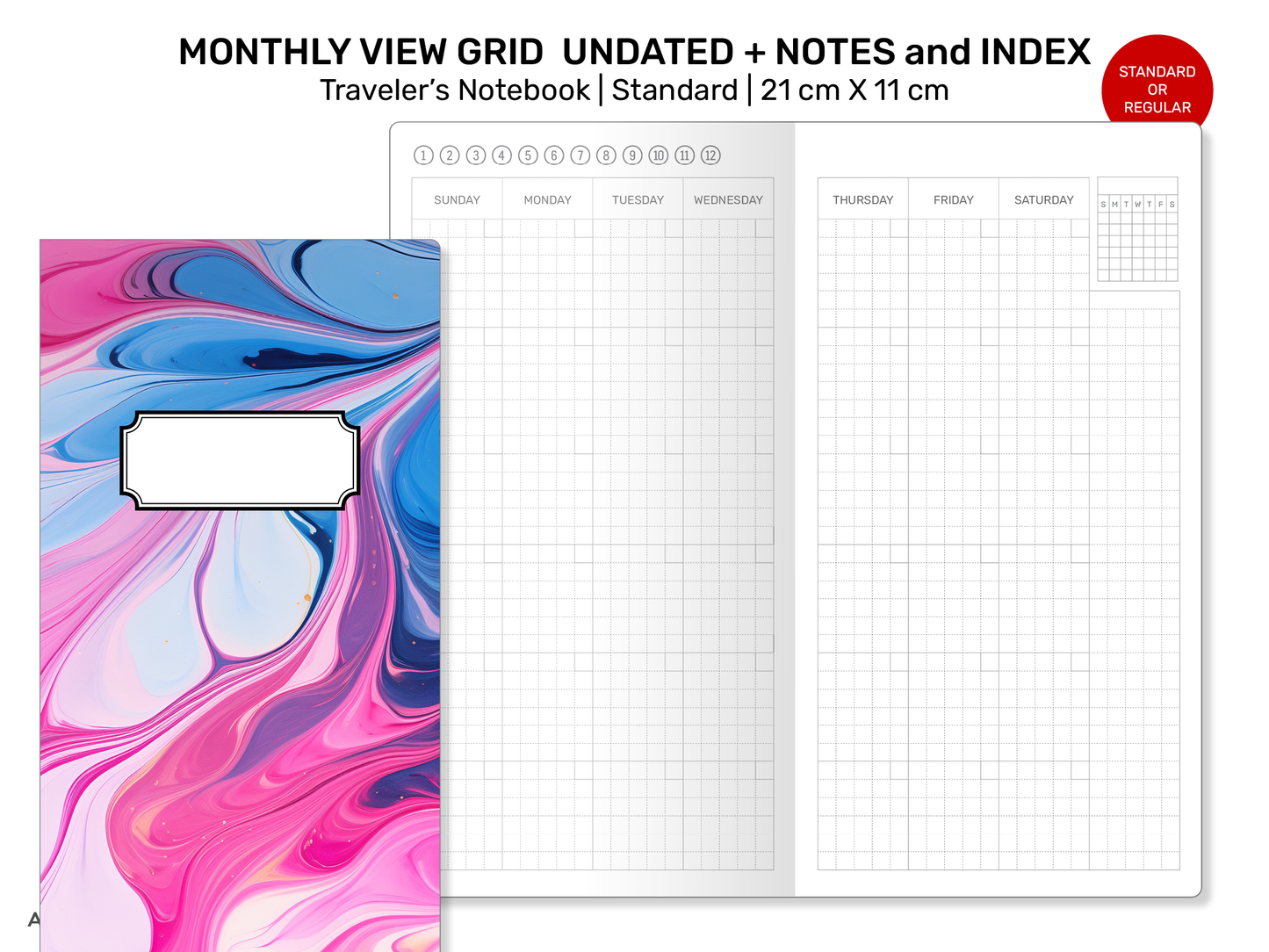 Standard TN Monthly GRID with EXTRA pages for Notes, Index Page Printable Traveler's Notebook Insert Minimalist RTN22-020