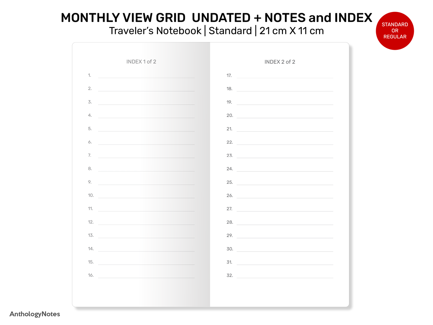 Standard TN Monthly GRID with EXTRA pages for Notes, Index Page Printable Traveler's Notebook Insert Minimalist RTN22-020