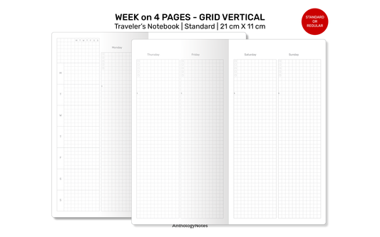 TN Standard Weekly VERTICAL GRID Traveler's Notebook Wo4P Minimalist Functional Insert Monday or Sunday Start RTN22-21