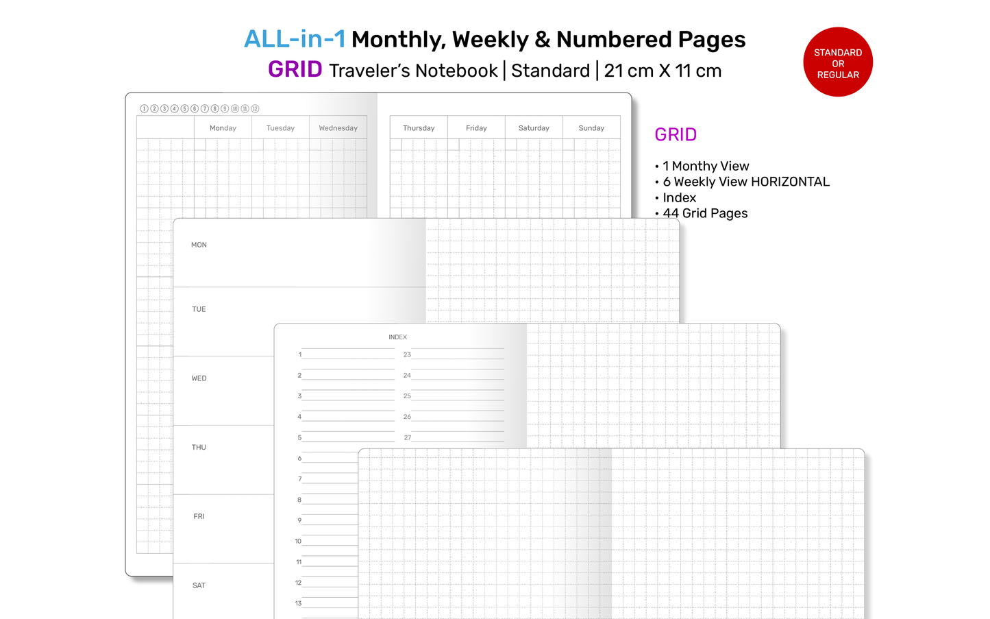 TN All-in-One Printable Insert: Monthly, Weekly Horizontal, Numbered Grid Pages for Traveler's Notebook Standard RTN22A-005