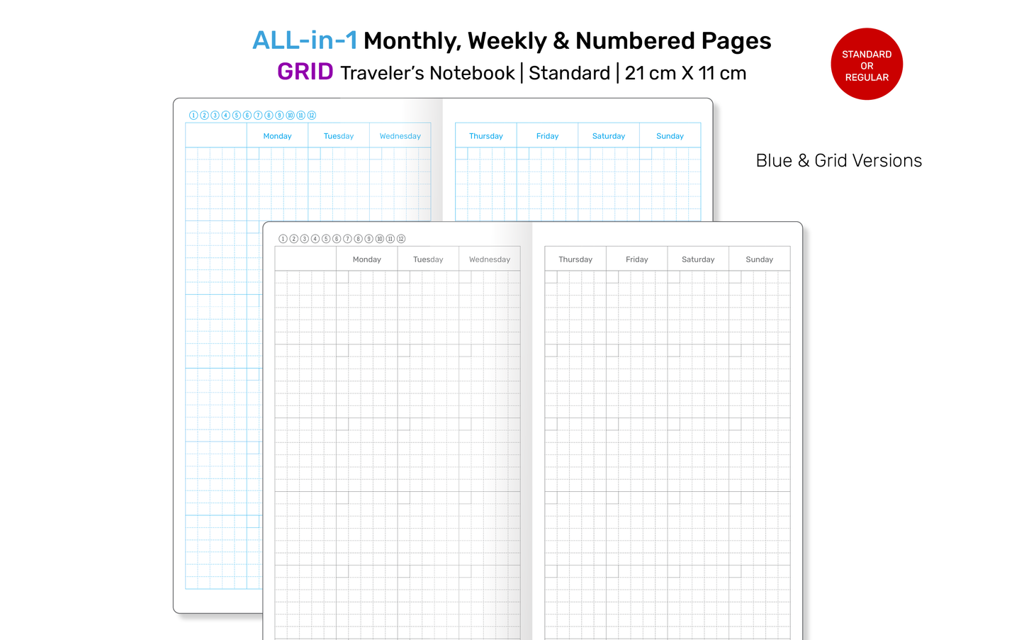 TN All-in-One Printable Insert: Monthly, Weekly Horizontal, Numbered Grid Pages for Traveler's Notebook Standard RTN22A-005