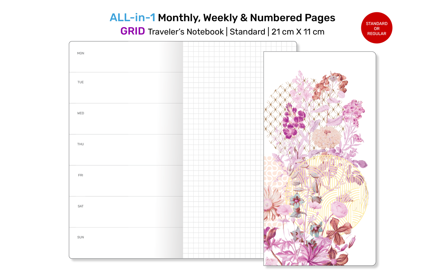 TN All-in-One Printable Insert: Monthly, Weekly Horizontal, Numbered Grid Pages for Traveler's Notebook Standard RTN22A-005