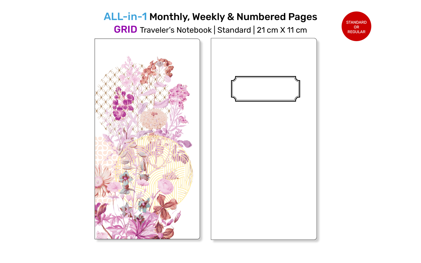 TN All-in-One Printable Insert: Monthly, Weekly Horizontal, Numbered Grid Pages for Traveler's Notebook Standard RTN22A-005