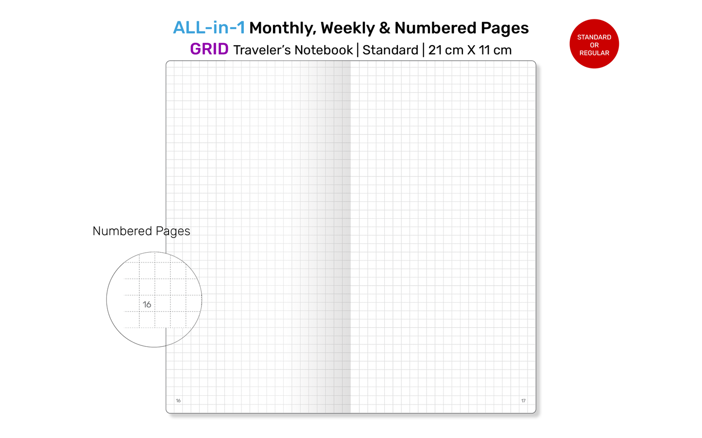 TN All-in-One Printable Insert: Monthly, Weekly Horizontal, Numbered Grid Pages for Traveler's Notebook Standard RTN22A-005