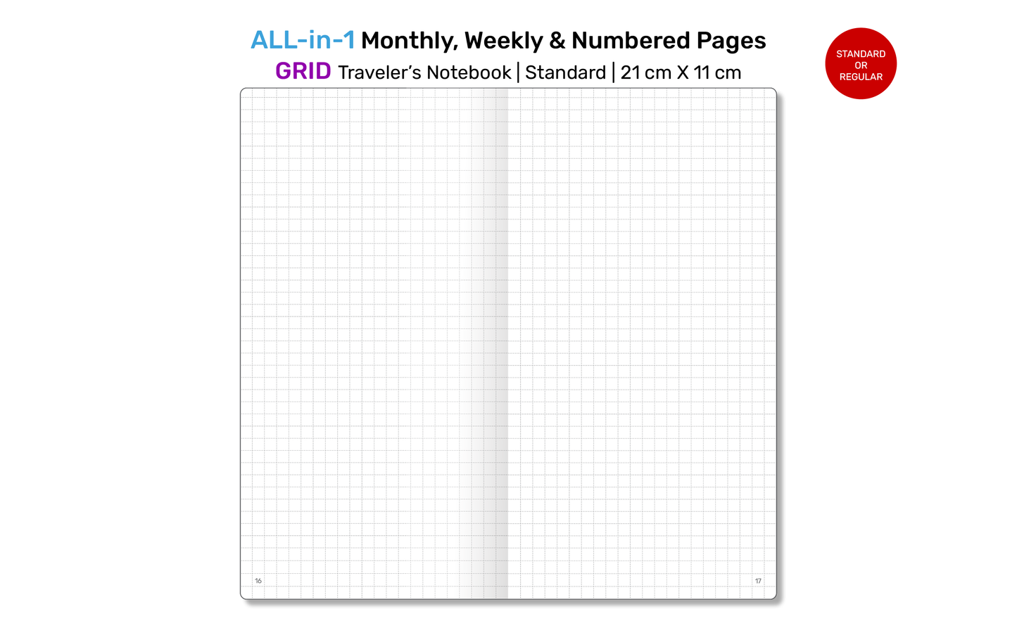 TN All-in-One Printable Insert: Monthly, Weekly Horizontal, Numbered Grid Pages for Traveler's Notebook Standard RTN22A-005