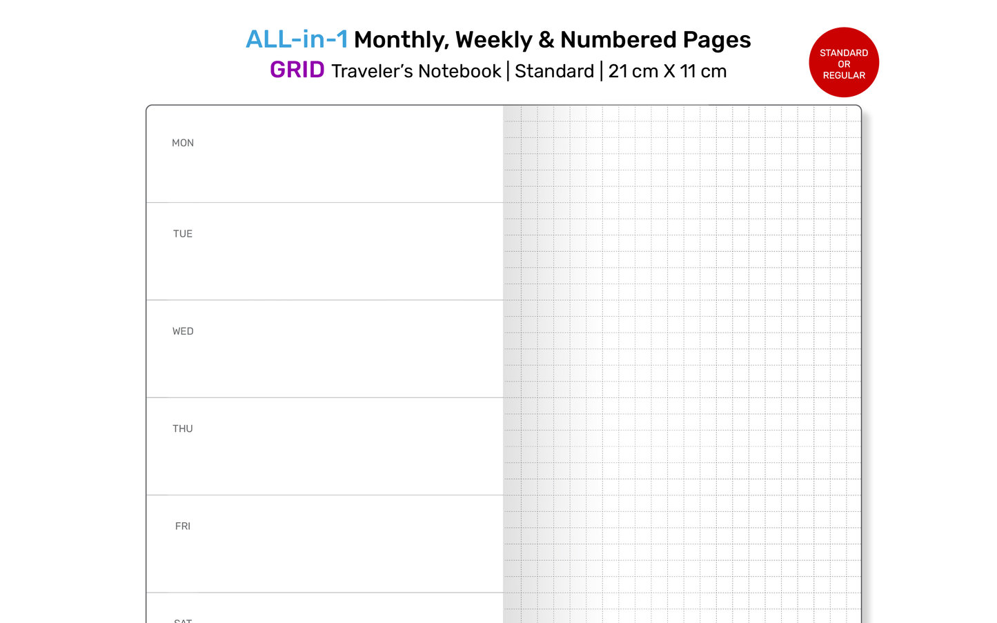 TN All-in-One Printable Insert: Monthly, Weekly Horizontal, Numbered Grid Pages for Traveler's Notebook Standard RTN22A-005