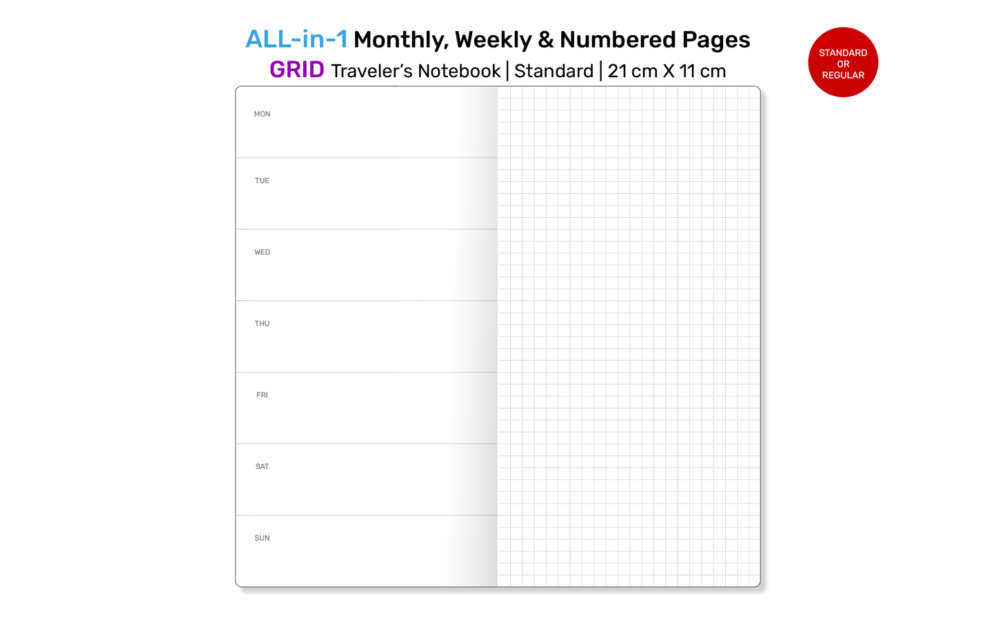 TN All-in-One Printable Insert: Monthly, Weekly Horizontal, Numbered Grid Pages for Traveler's Notebook Standard RTN22A-005