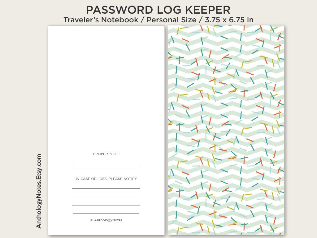 Password Log Manager  PERSONAL Size Traveler's Notebook Printable Insert Minimalist Grid