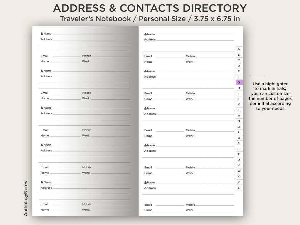 TN Personal ADDRESS Book Traveler's Notebook Printable Insert Contacts with Index