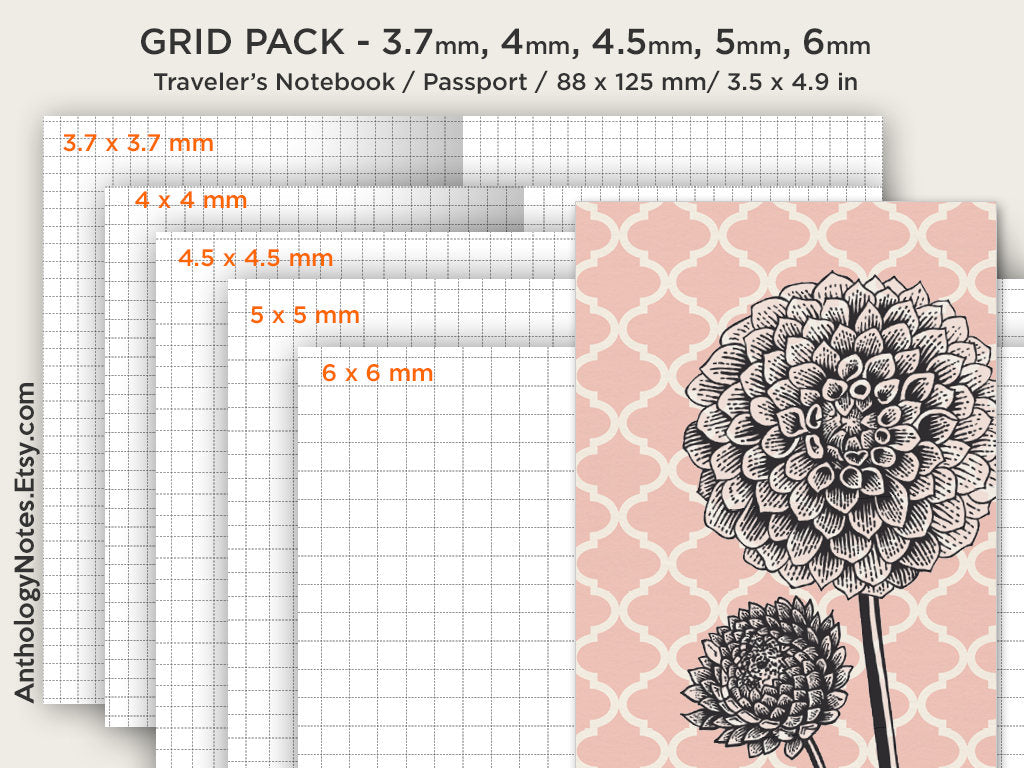 Traveler's Notebook Printable Passport Size Classic Grid Lines - Grid SET - Printable PDF Planner - Midori Printable Inserts