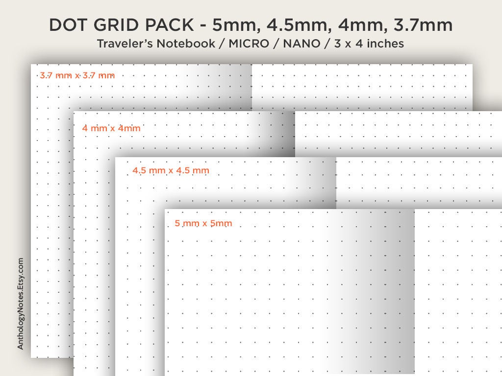 NANO MICRO Size 0 Traveler's Notebook Dot Grid BUNDLE Set Printable Insert - 5 mm, 4 mm, 4.5 mm, 3.7 mm