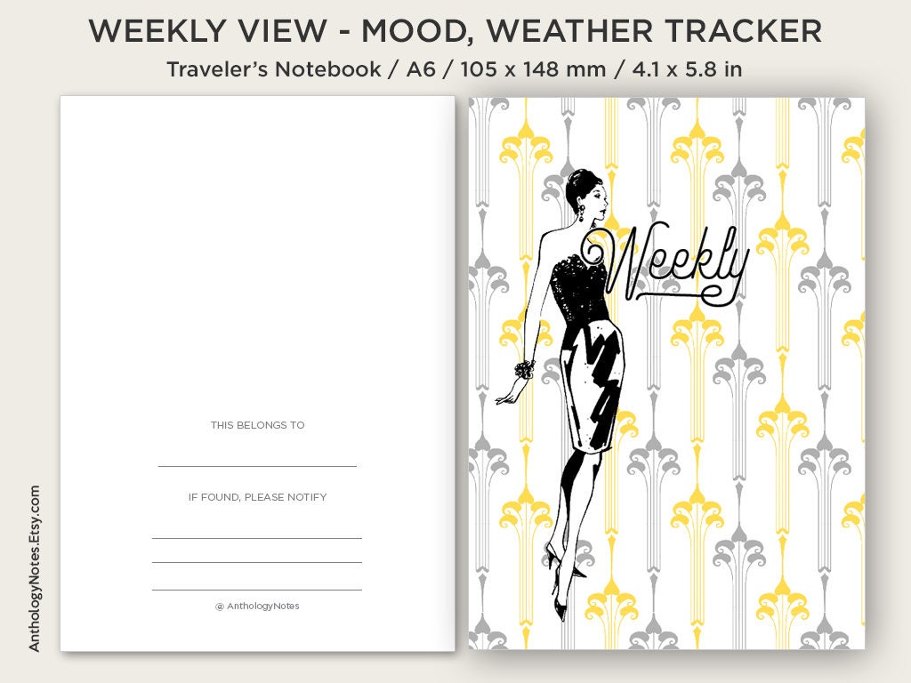 A6 Traveler's Notebook - Weekly View Vertical - Printable Insert - Diary Planner Undated - Weather, Mood, Water Tracker -