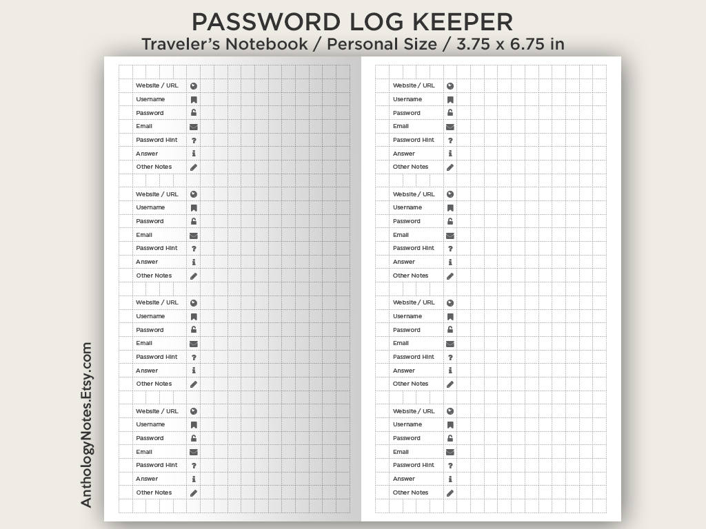 Password Log Manager  PERSONAL Size Traveler's Notebook Printable Insert Minimalist Grid