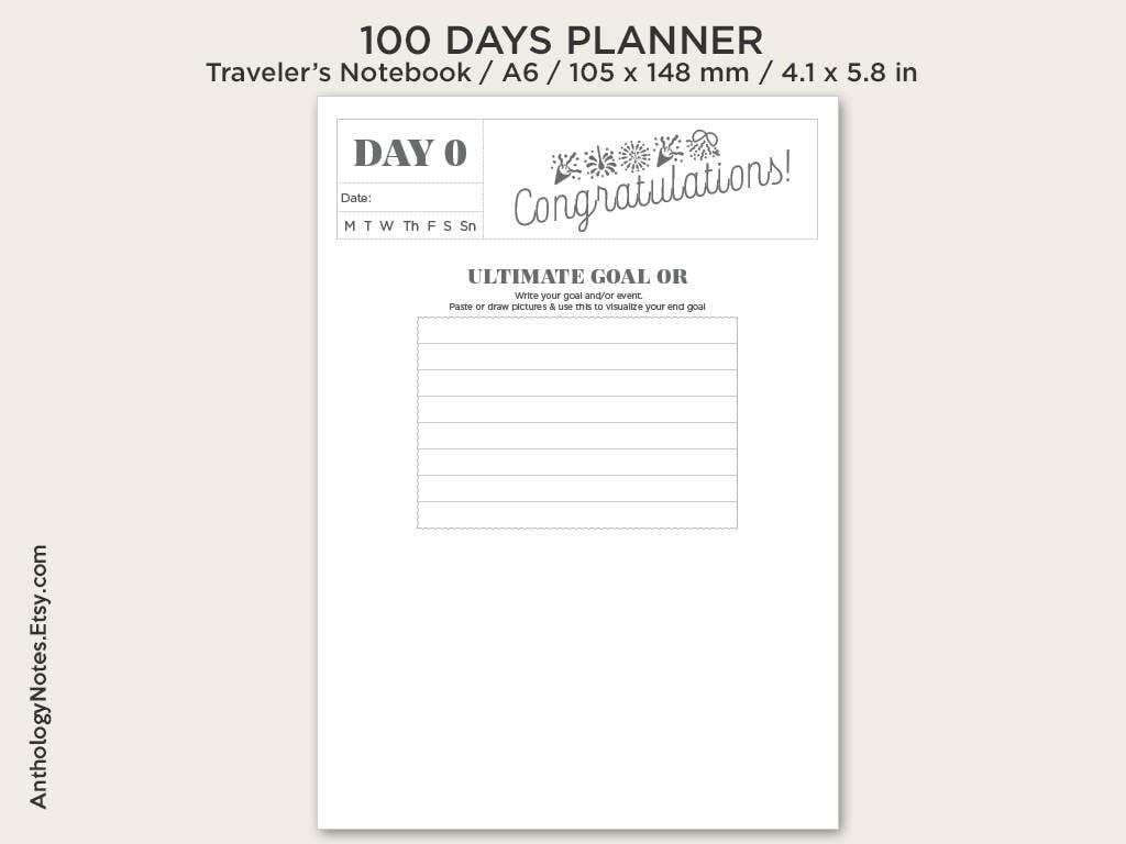 A6 100 DAYS PLANNER - Printable Insert - Traveler's Notebook - Goal Setting Insert - COUNTDOWN calendar A6018