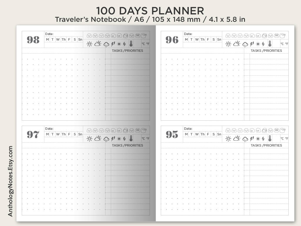 A6 100 DAYS PLANNER - Printable Insert - Traveler's Notebook - Goal Setting Insert - COUNTDOWN calendar A6018