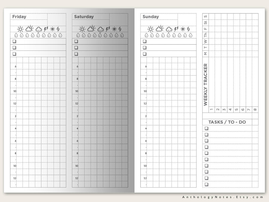 A6 Weekly View Wo4P Printable Insert Traveler's Notebook - Weekly Tracker - Minimalist - Vertical GRID