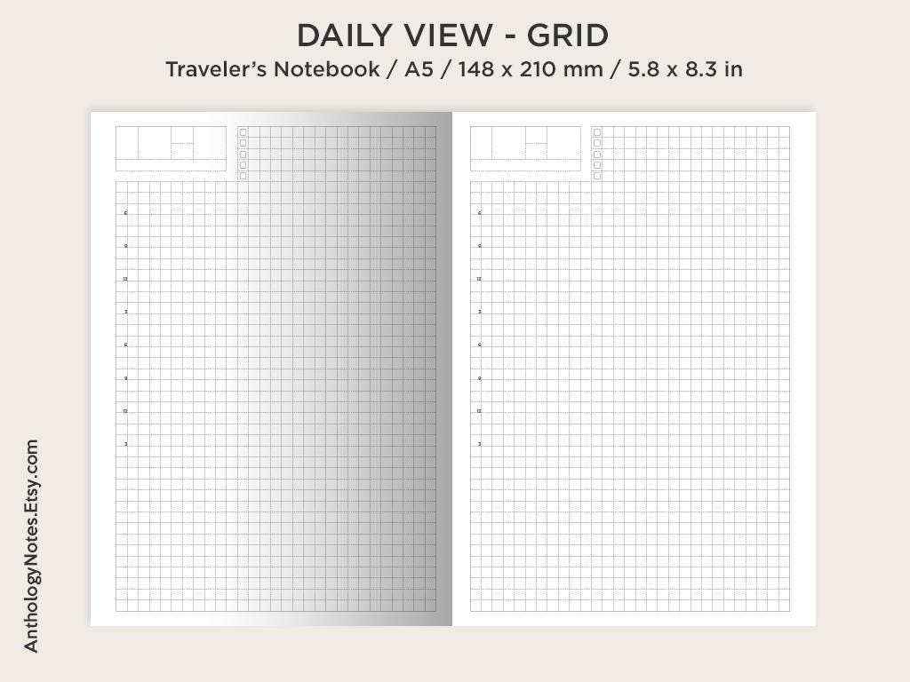 A5 Daily View Grid Traveler's Notebook Printable Insert - Do1P - Minimalist - Functional HOBONICHI Inspired