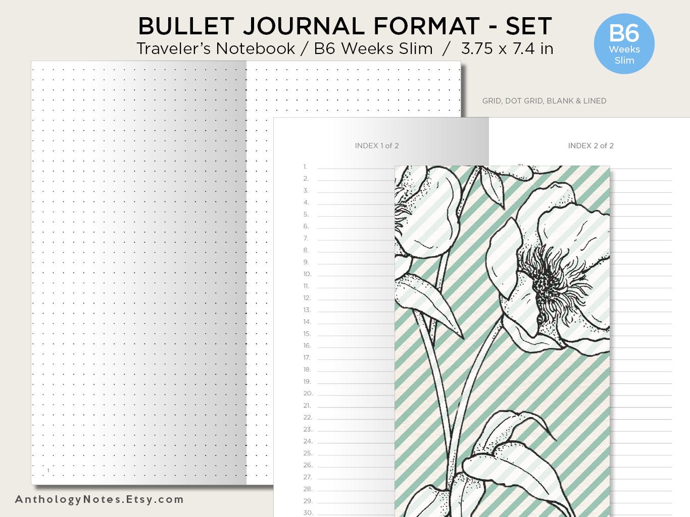 TN WEEKS Slim Bullet Log System SET - Grid, Dot Grid, Blank, Lined - Printable Insert for Traveler's Notebook