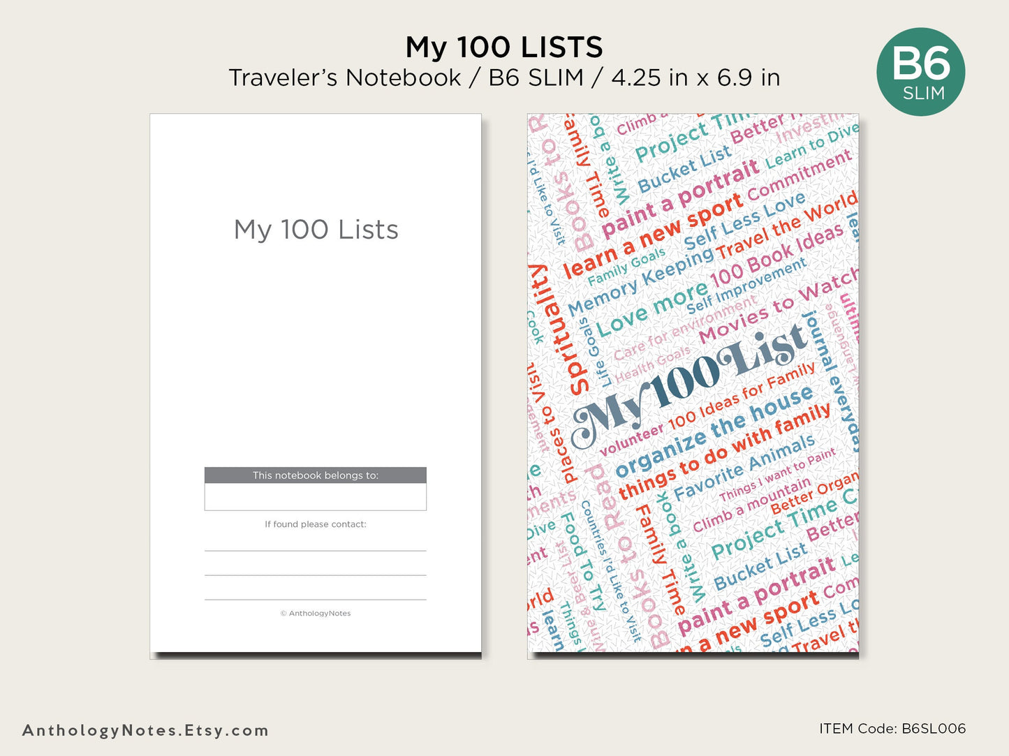 B6 SLIM My 100 Lists Printable Planner Traveler's Notebook Insert - Bucket List, Goals, Etc.