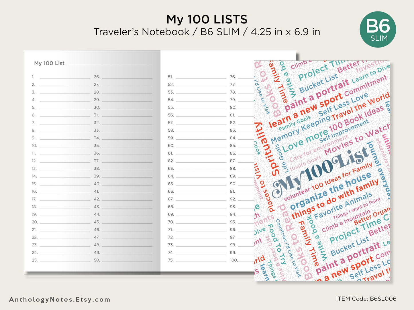 B6 SLIM My 100 Lists Printable Planner Traveler's Notebook Insert - Bucket List, Goals, Etc.