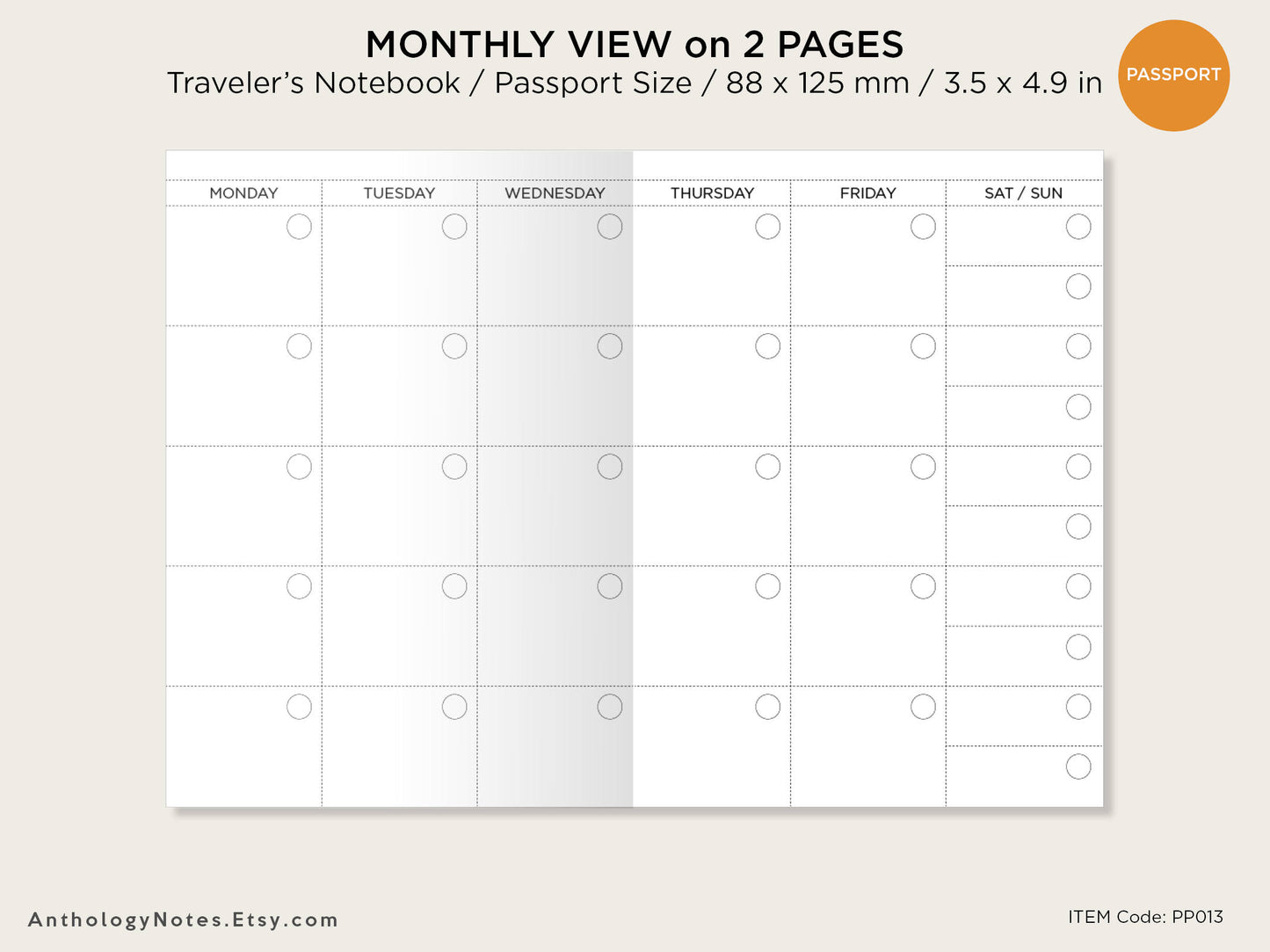 PASSPORT Monthly View Mo2P TRAVELER'S NOTEBOOK Printable Planner Minimalist Undated