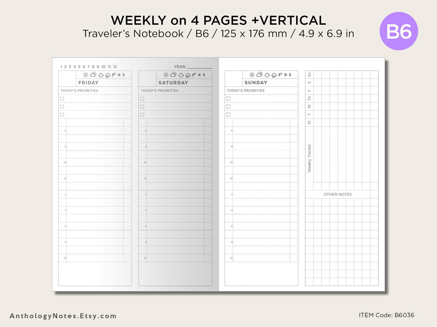 B6 Weekly on 4 Pages Vertical - Wo4P - Printable Grid - Traveler's Notebook - Wo2P - Minimalist /