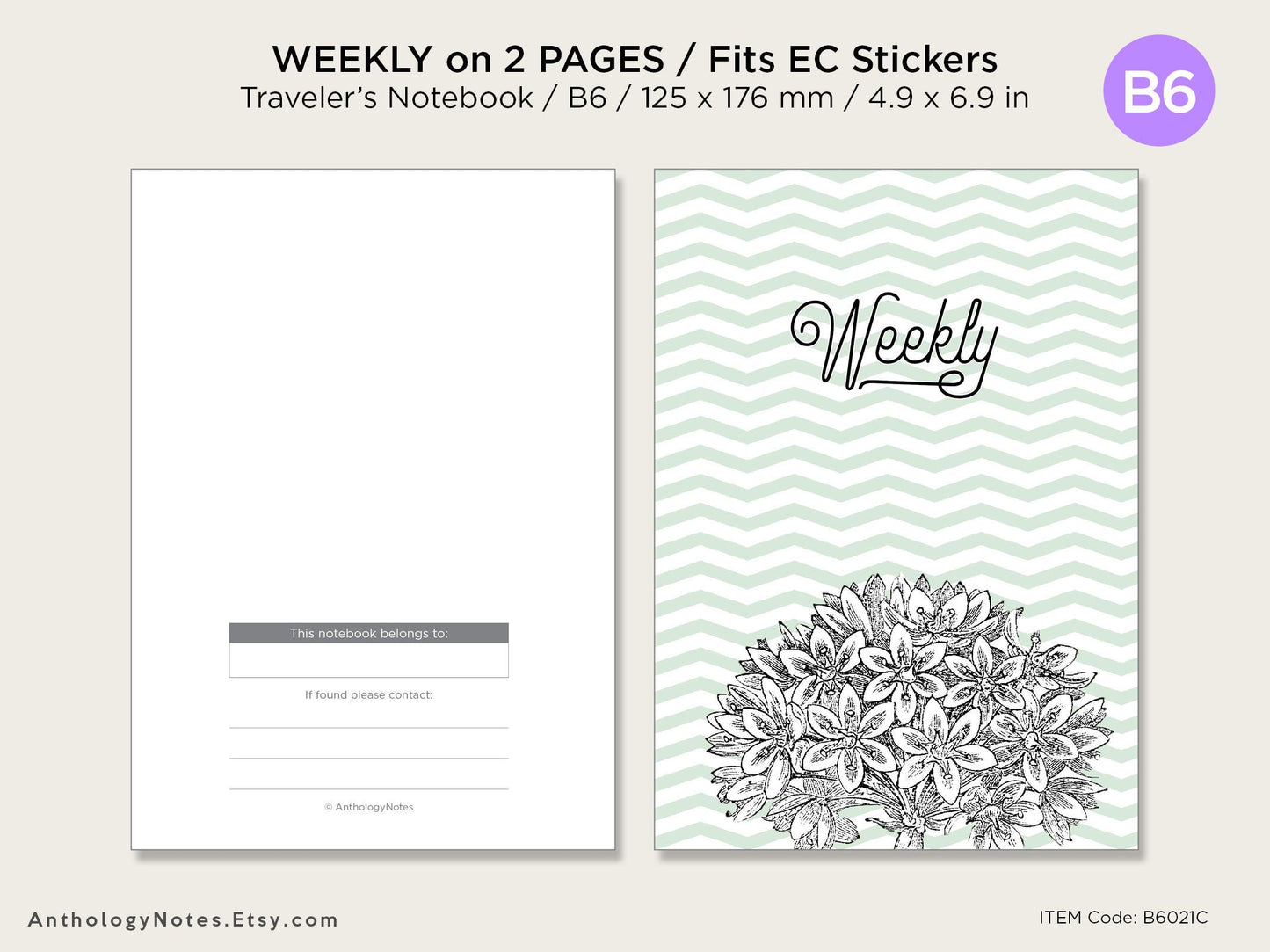 B6 Weekly Vertical Planner Lined Traveler's Notebook Printable Insert fits EC Stickers Wo2P With Weekly Tracker