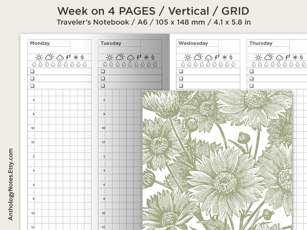 A6 Weekly View Wo4P Printable Insert Traveler's Notebook - Weekly Tracker - Minimalist - Vertical GRID