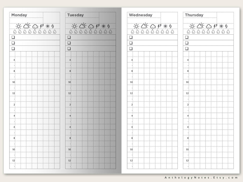 A6 Weekly View Wo4P Printable Insert Traveler's Notebook - Weekly Tracker - Minimalist - Vertical GRID