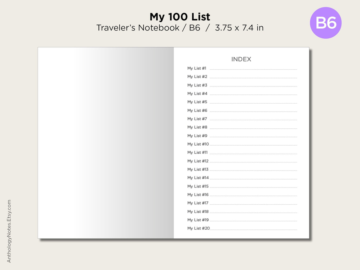 Traveler's Notebook B6 My 100 Lists Printable Planner Insert GOALS, IDEAS