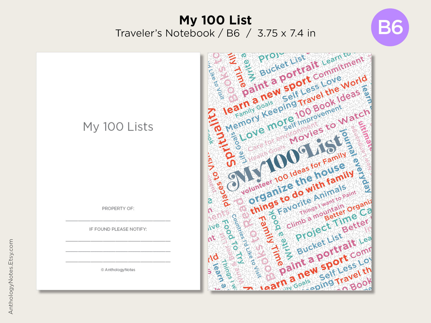 Traveler's Notebook B6 My 100 Lists Printable Planner Insert GOALS, IDEAS