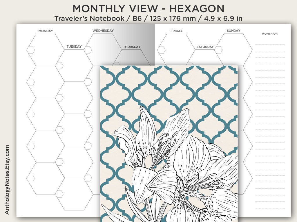 TN B6 Monthly Hexagon View Traveler's Notebook Printable Insert Mo2P Visual Planning