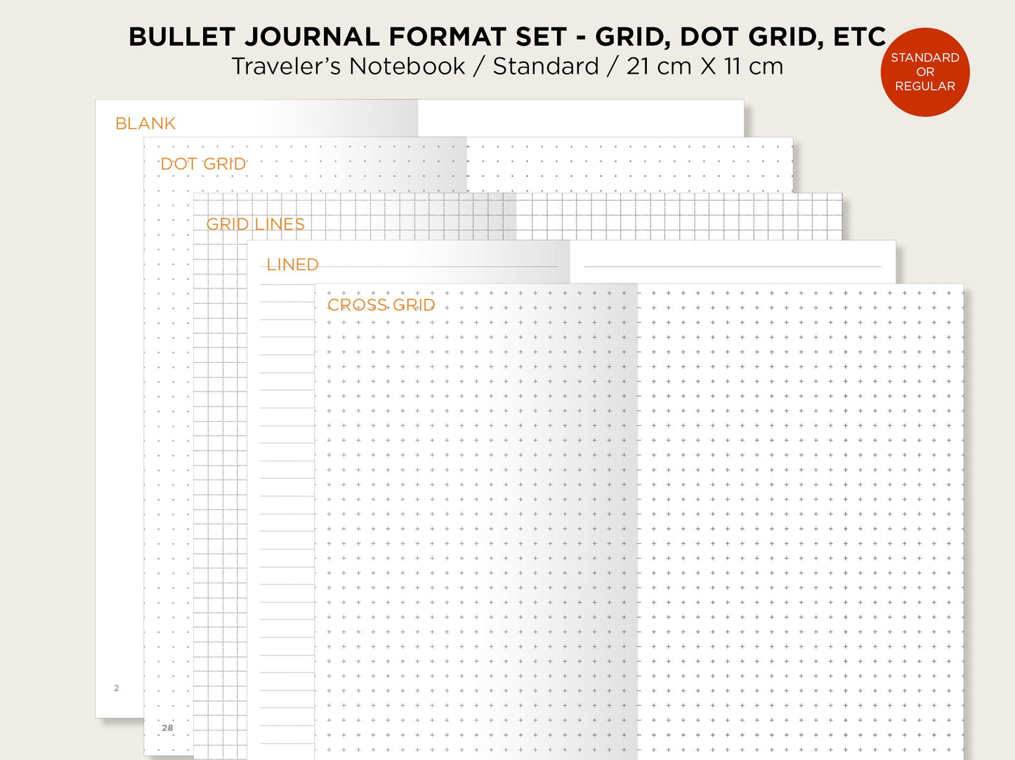 Bullet Journal Printable Insert, Bundle SET, Standard Size, Grid, Blank, Dot Grid, Cross Grid, Lined, Traveler's Notebook