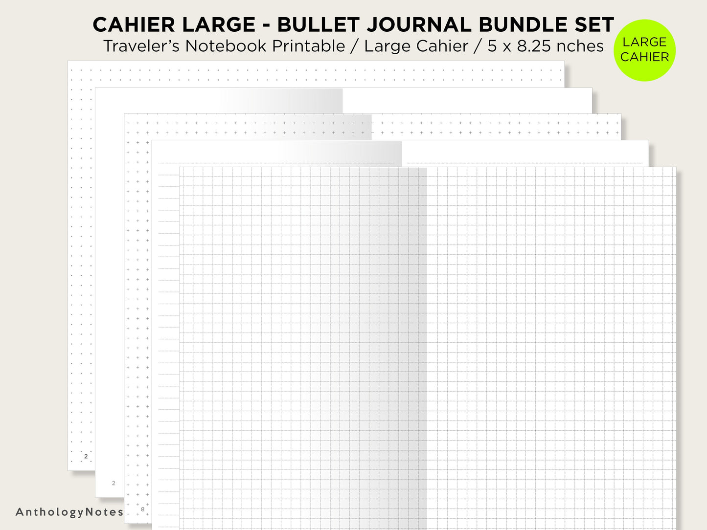 Cahier Bullet Log Traveler's Notebook BU JO Format Cahier Bundle Set - Grid, Blank, Dot Grid, Blank - Printable Insert