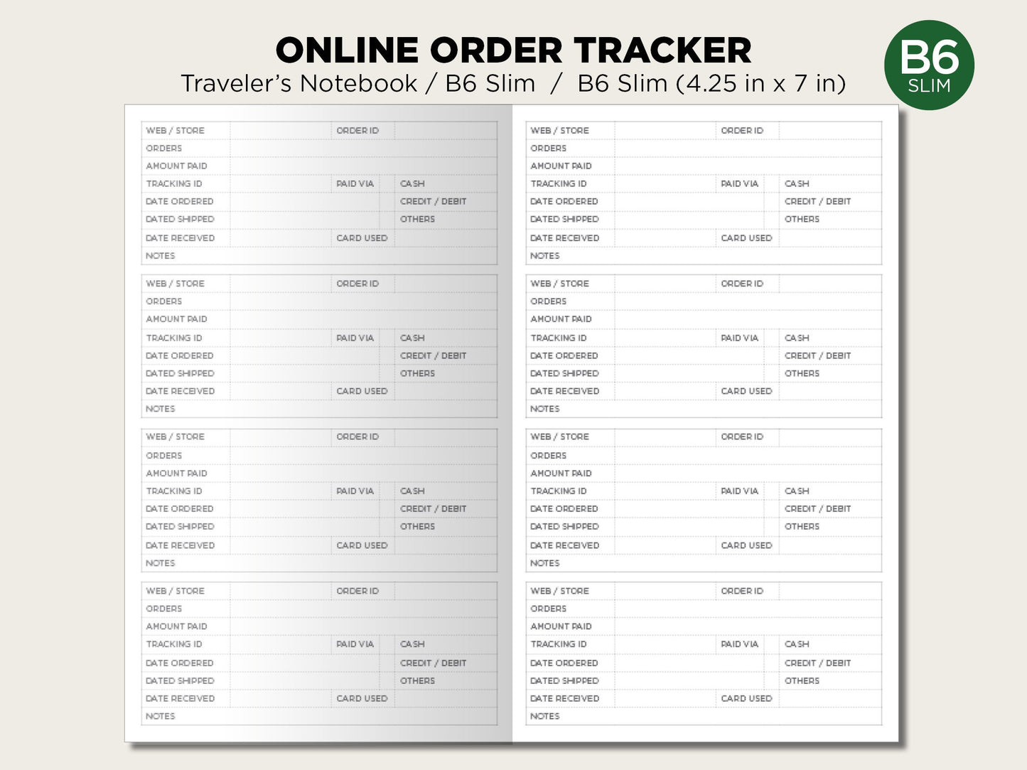 B6 SLIM Online Order Tracker Traveler's Notebook Printable Insert Minimalist Functional