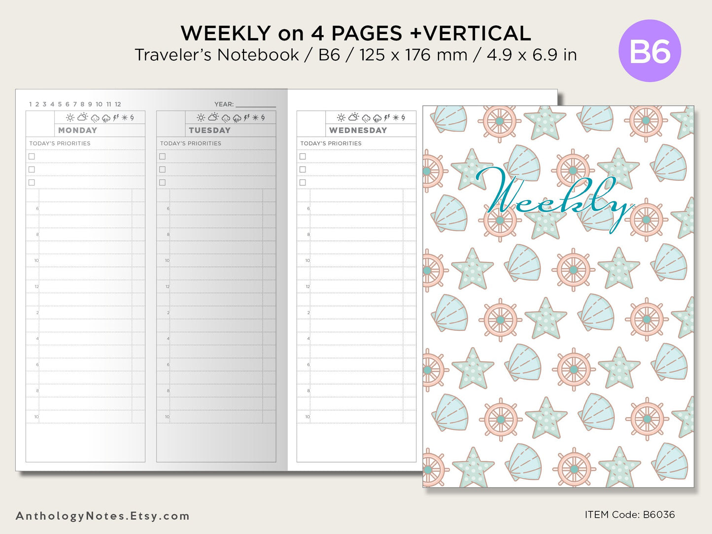 B6 Weekly on 4 Pages Vertical - Wo4P - Printable Grid - Traveler's Notebook - Wo2P - Minimalist /