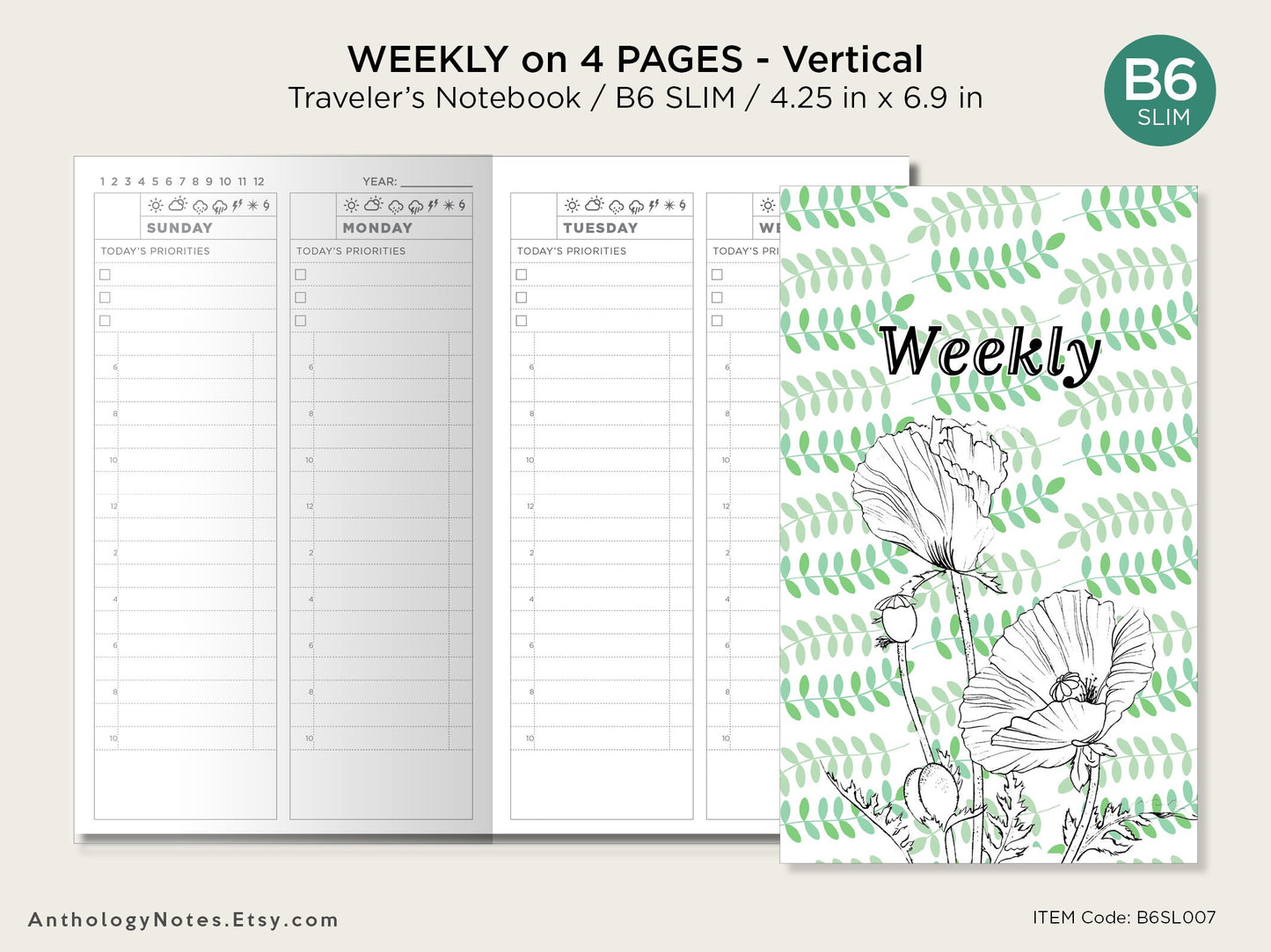 B6 SLIM Weekly on 4 Pages Vertical Traveler's Notebook - Wo4P -  Minimalist - With Weekly Tracker