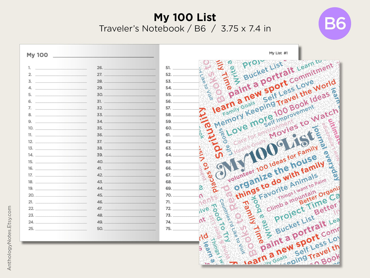 Traveler's Notebook B6 My 100 Lists Printable Planner Insert GOALS, IDEAS