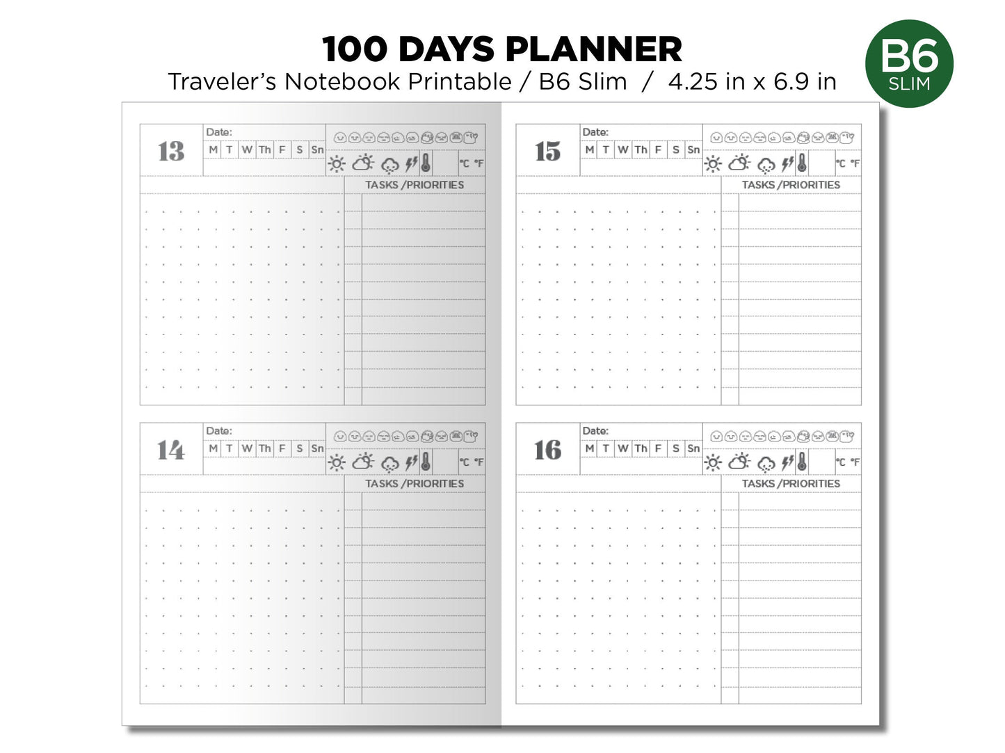 B6 Slim 100 Days Planner Traveler's Notebook 100 Days  Goal Tracking CountDown Planner Printable Diary Refill