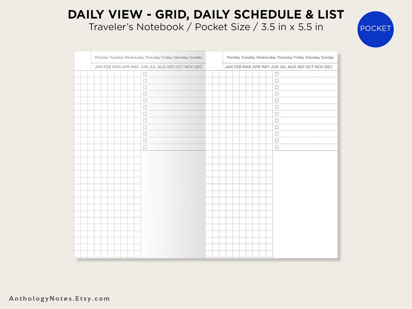 Pocket Size Daily View Insert GRID Printable Traveler's Notebook Do1P Day on 1 Page Lists Appointments Minimalist