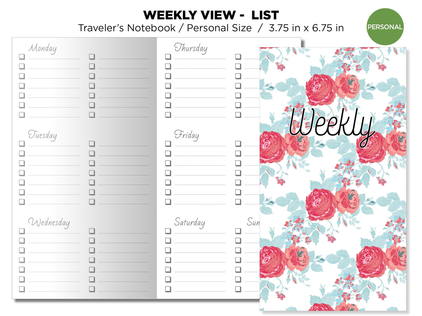 TN Personal Size Weekly View Horizontal -  List - Traveler's Notebook Printable Insert